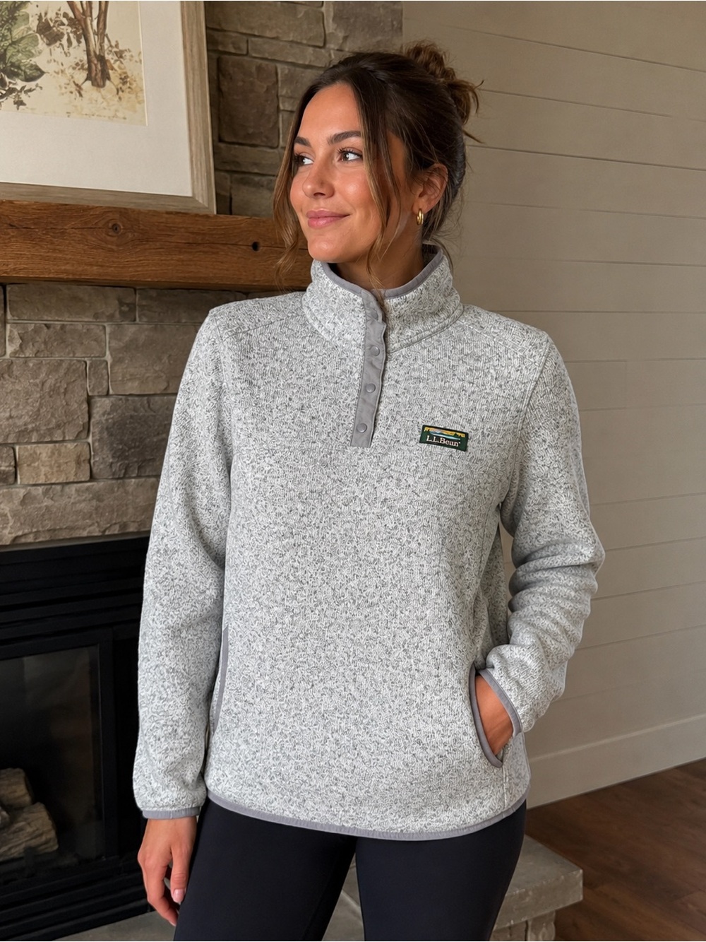L.L. Bean Gray Heather Flannel-Lined Snap Pullover Fleece Sweatshirt Medium